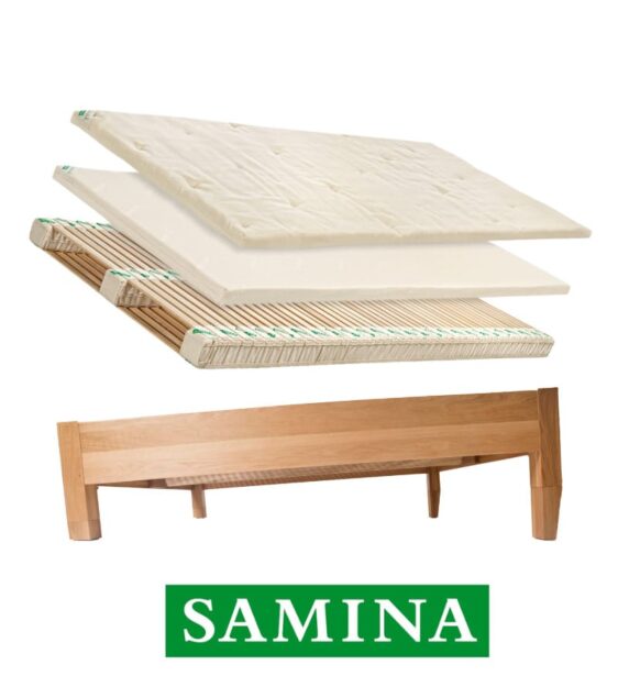 SAMINA Sleep System layers floating above a twin bed frame