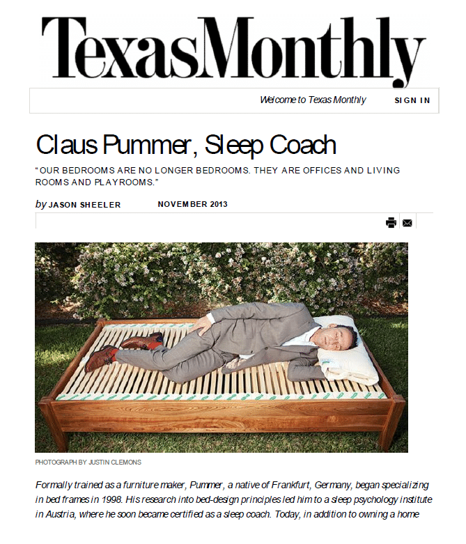 Claus Pummer | Sleep Coach featured in Texas Monthly Magazine