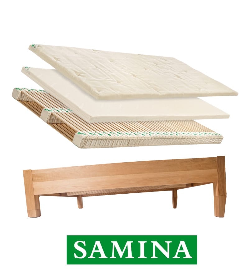 SAMINA Sleep System layers floating above a twin bed frame