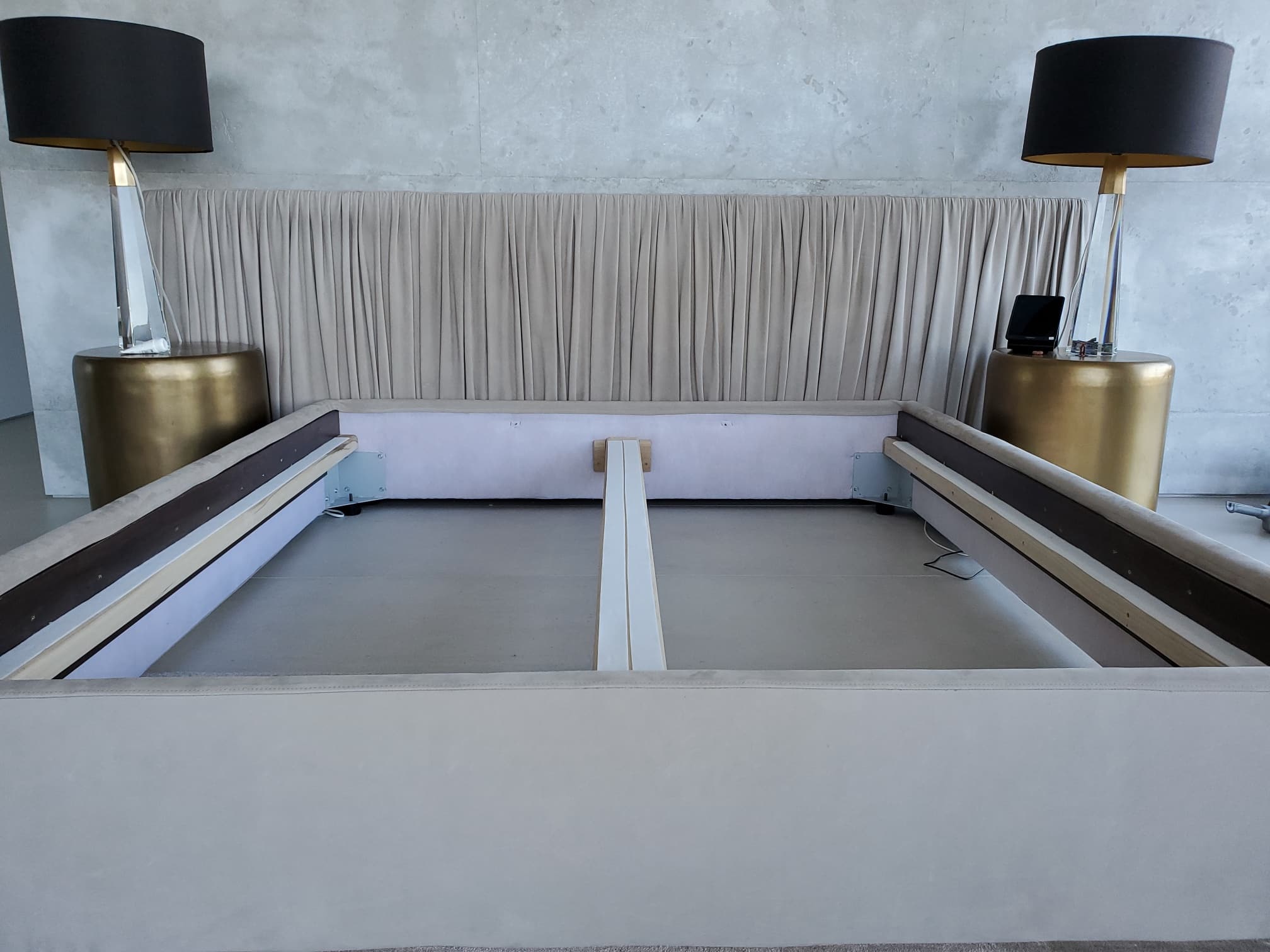 grey upholstered bed frame with only side and center rails for SAMINA slats