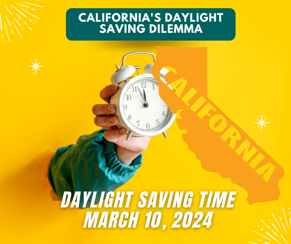 daylight saving time reminder with hand bursting thru background with an alarm clock and the outline of the state of california
