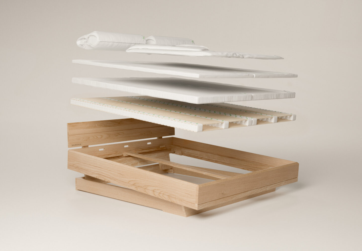 Adriano bed frame with SAMINA system layers