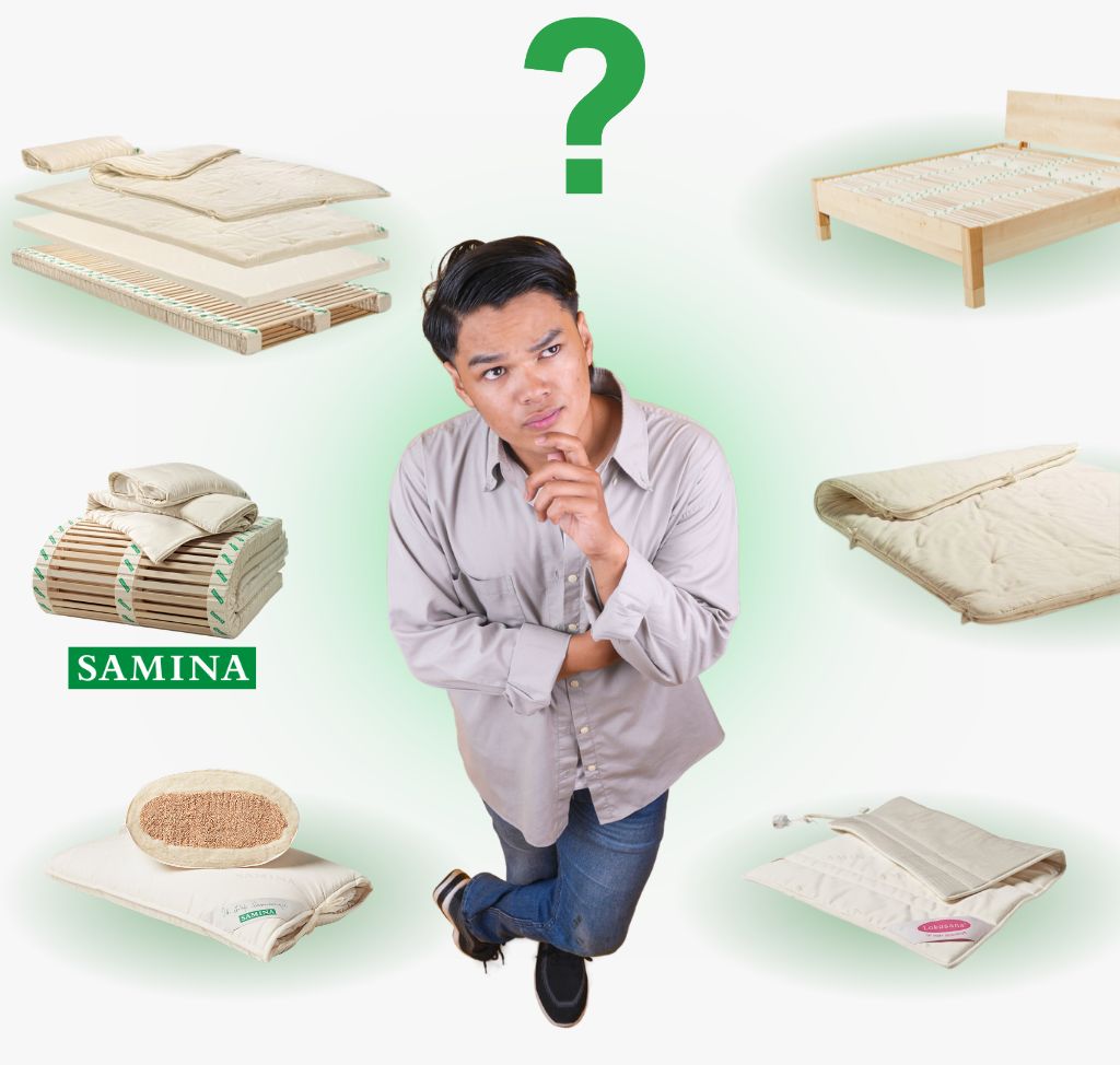 man with question mark over his head surrounded by images of samina products